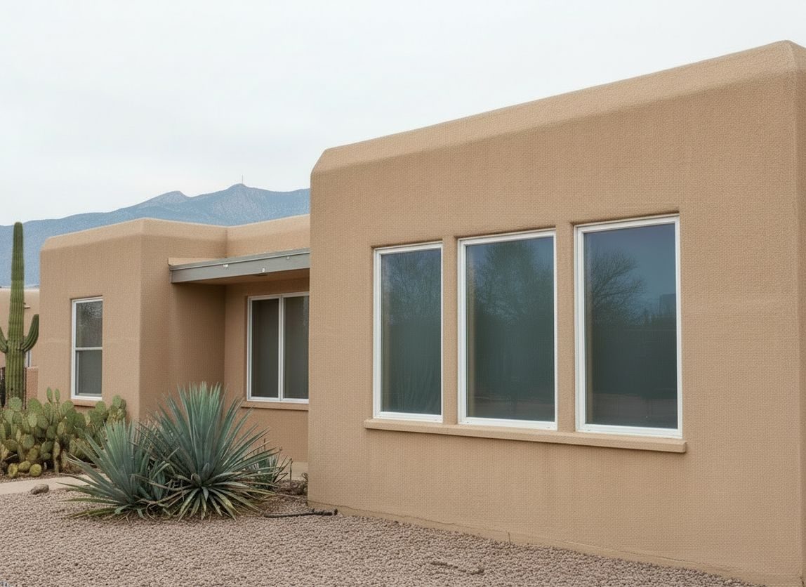 Illustrative example: the same Albuquerque home with new white vinyl double-pane windows, crystal-clear glass, and clean stucco after window replacement