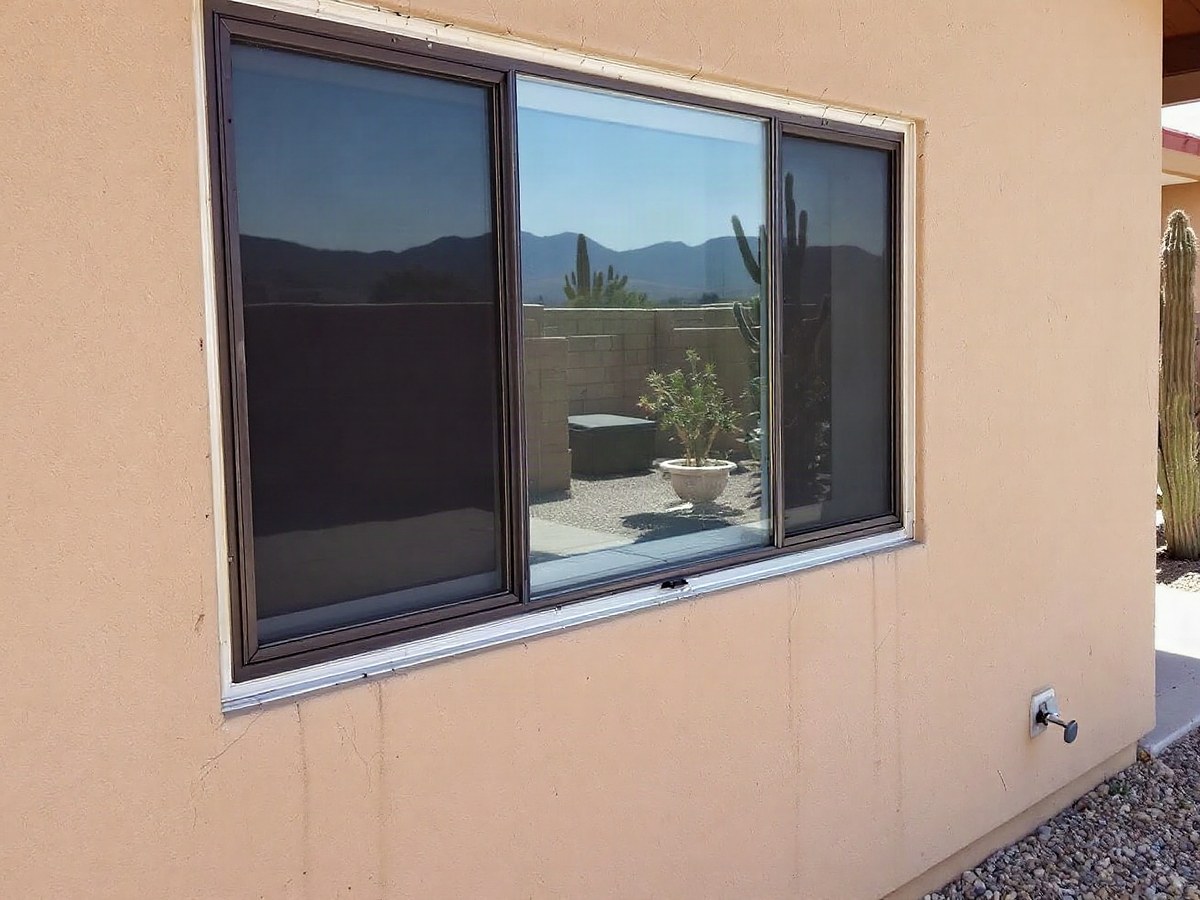 An Albuquerque stucco home’s old dark-bronze aluminum-frame window with pitted frames and water stains streaking the stucco under the sill, before window replacement