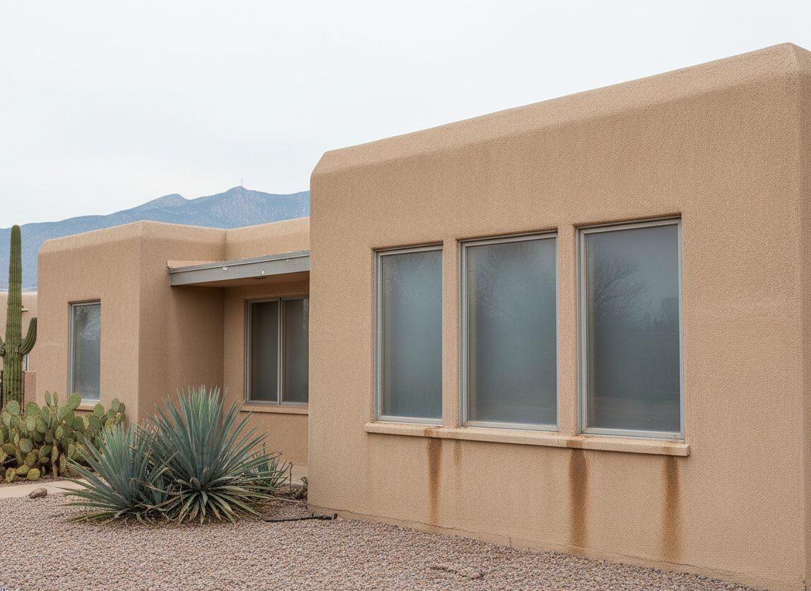 An Albuquerque stucco home with old oxidized aluminum-frame windows, foggy hazy glass, and water stains on the stucco under every sill, before window replacement