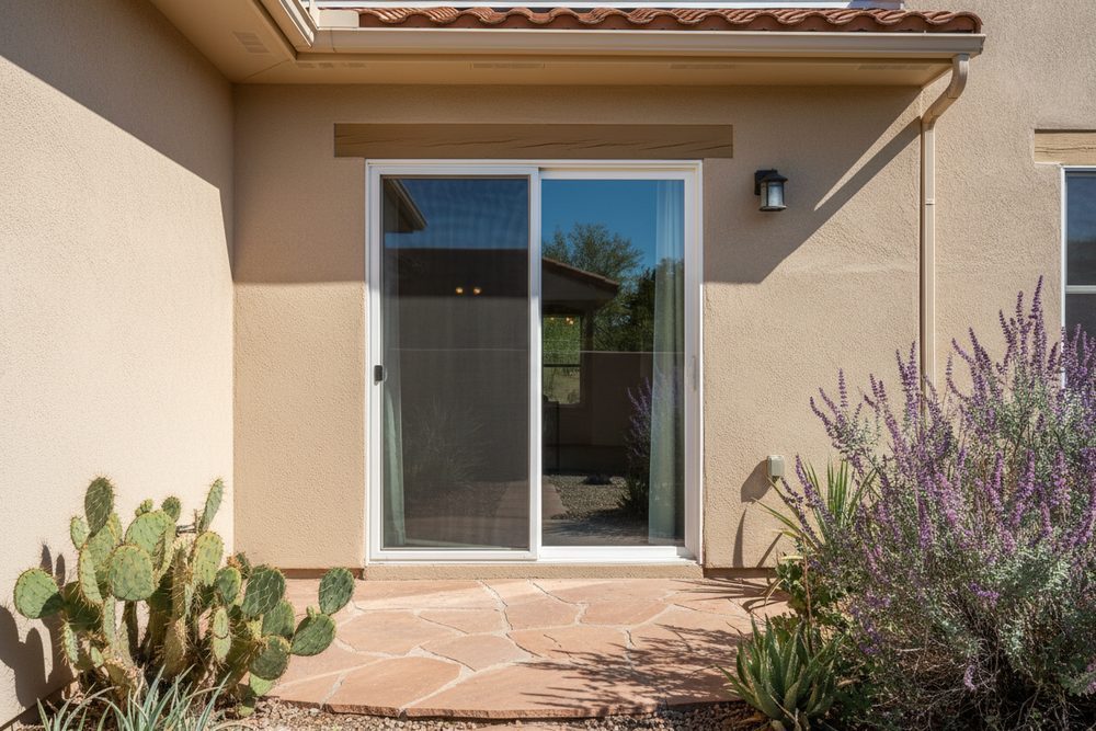A new white vinyl sliding glass patio door installed on the back of a stucco Albuquerque home