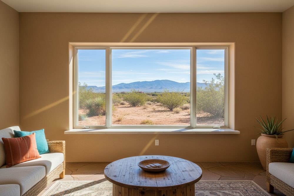 Bright Albuquerque living room with a large new low-E double-pane picture window and a desert mountain view