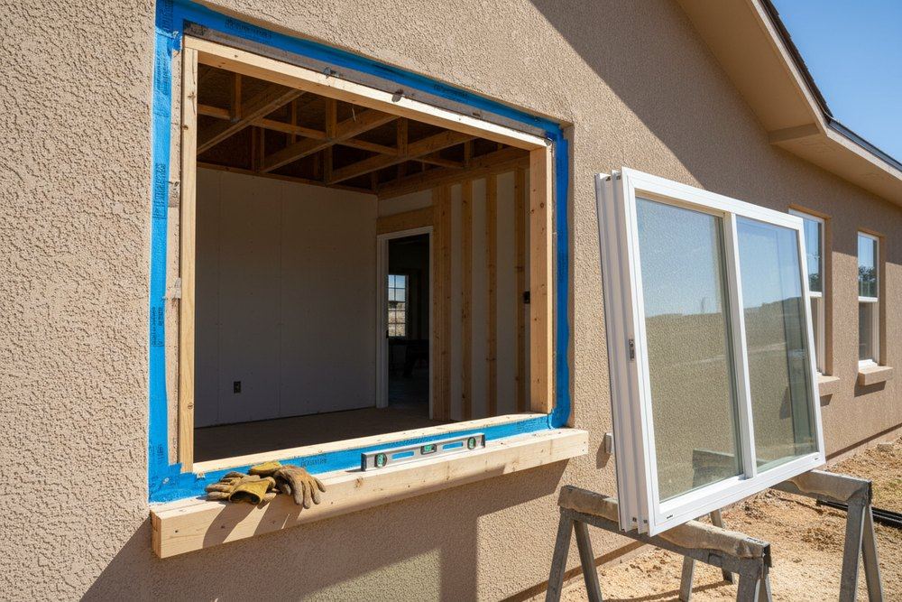 A window opening on a stucco Albuquerque home stripped to the wood rough frame for full-frame installation, with the new vinyl window staged on sawhorses beside it