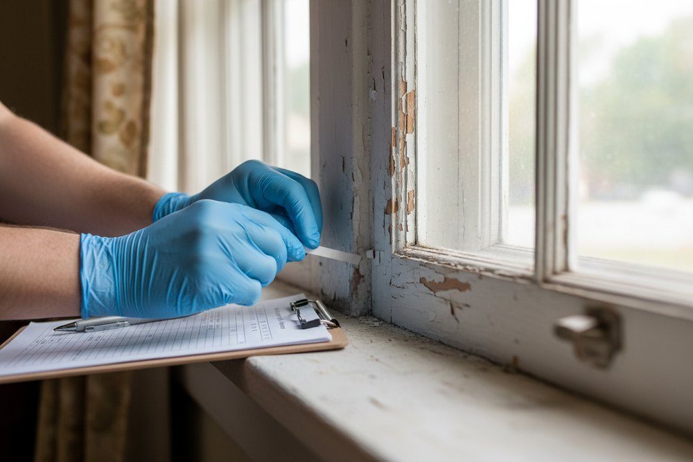 A gloved technician pressing a test swab against the peeling painted wood trim of an old double-hung window, clipboard on the sill