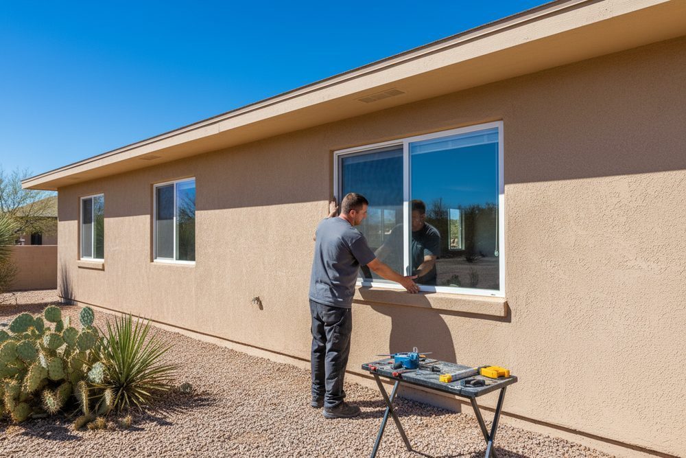 Installers fitting a new white vinyl double-pane window into a stucco opening on an Albuquerque home